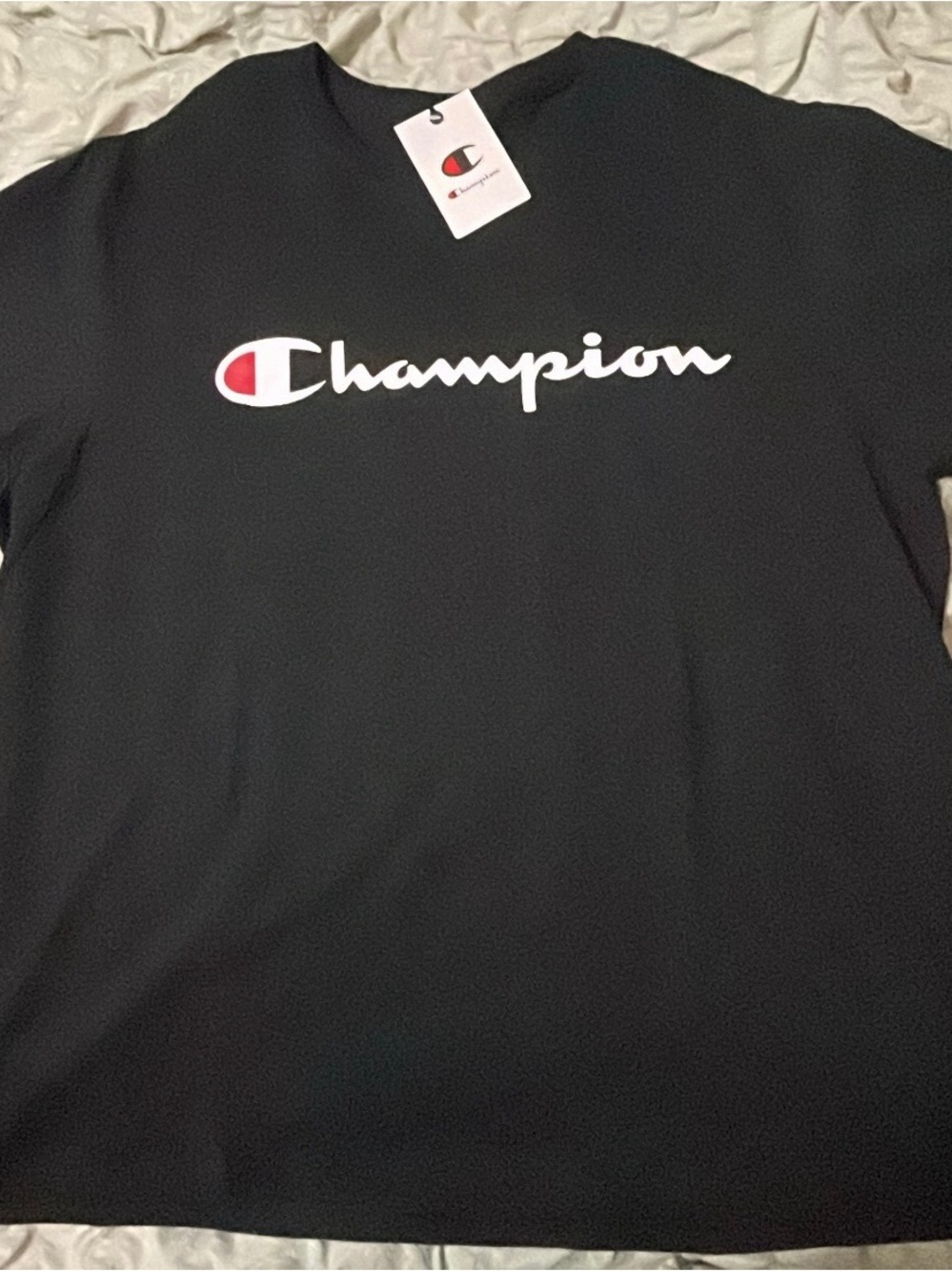 Champion Black Tee with White Script and Red Logo Accent